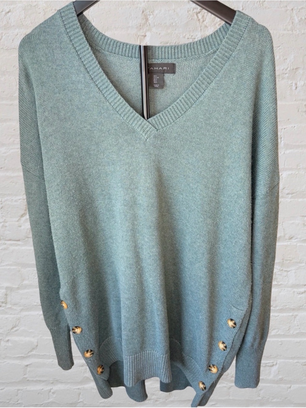 Tahari V-Neck Sweater in Seafoam Green with Gold Buttons